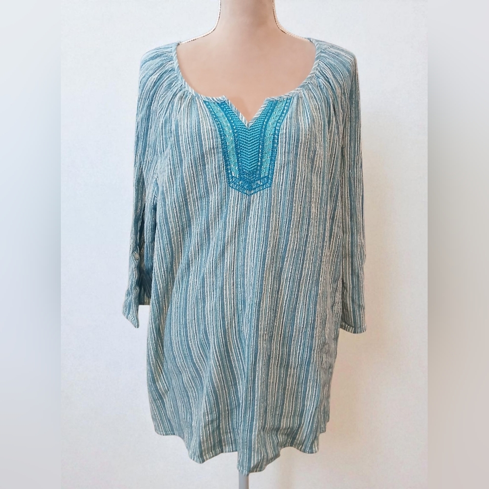 Catherines Blue White Metallic Silver Stripe Womans Plus 2x Beachy Embroidered